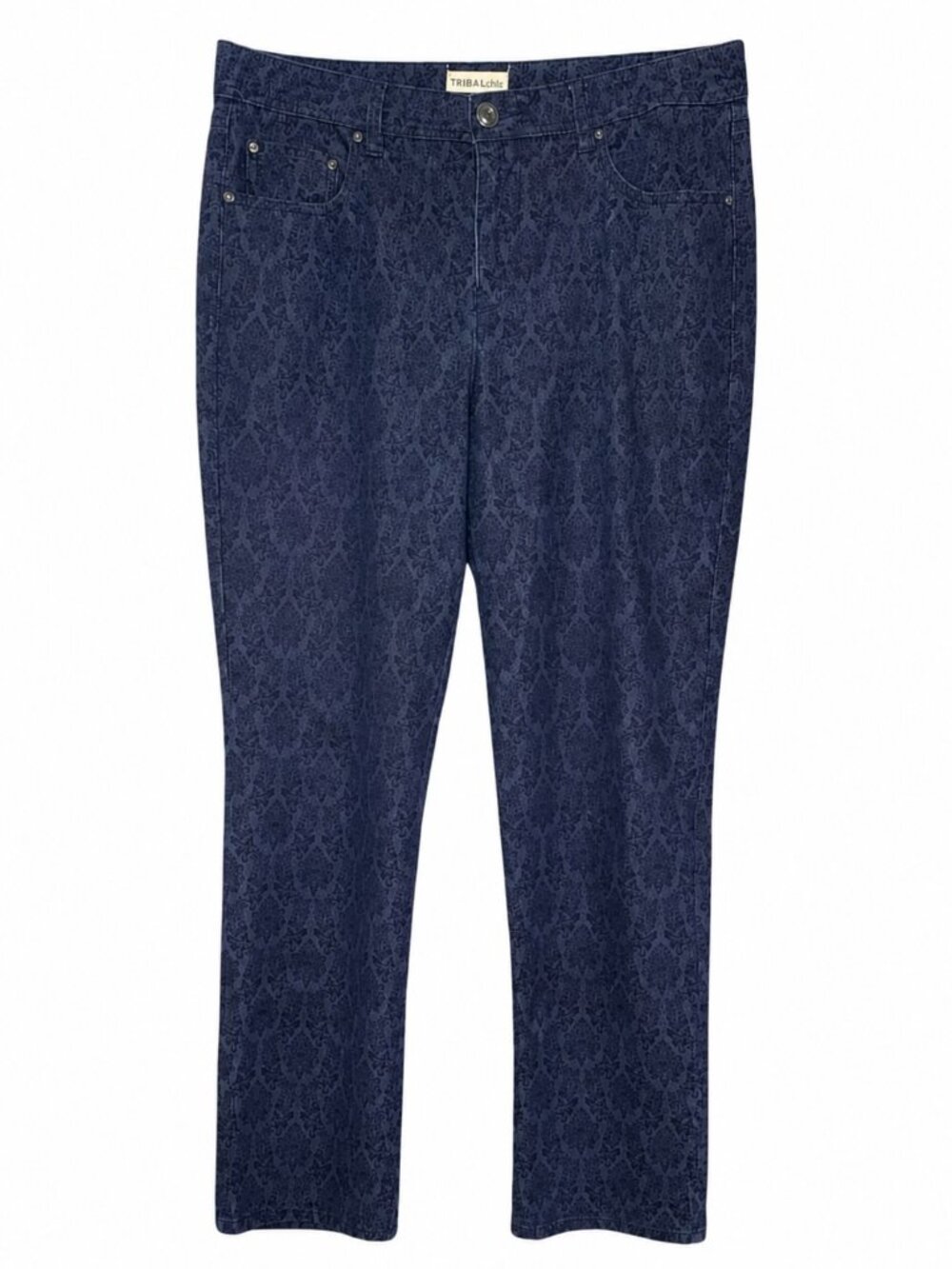 Tribal Navy Jacquard Damask Stretch Jeans Women's 12 Straight Leg